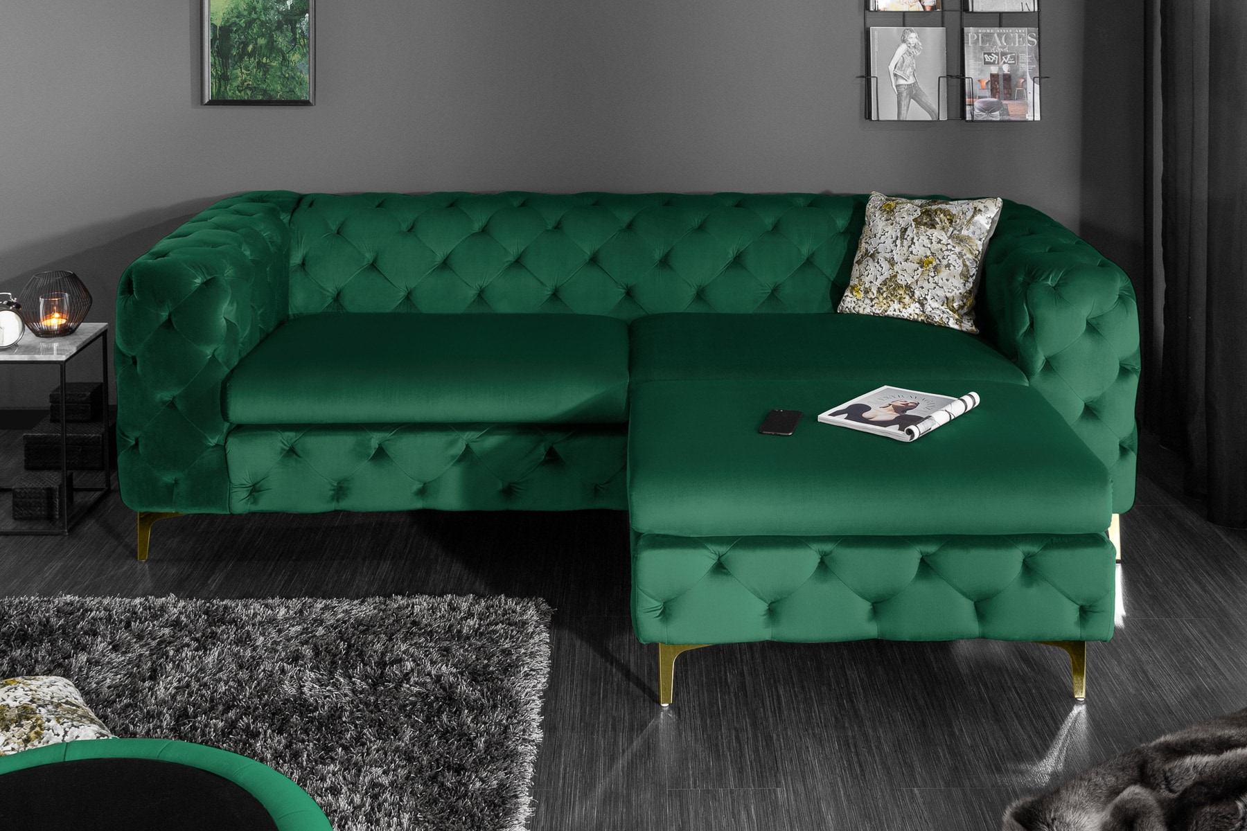 Chesterfield 3-Sitzer Sofa MODERN BAROCK 235cm smaragdgrün Samt Federkern gold Metallfüße