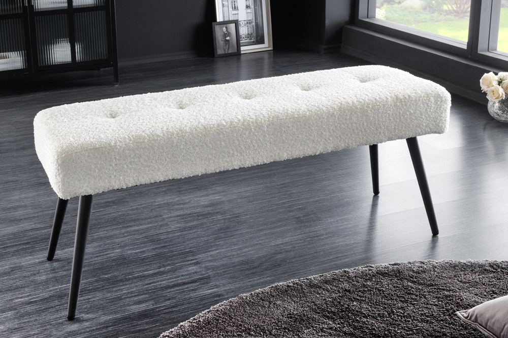Design Sitzbank BOUTIQUE 100cm weiß Bouclé schwarze Metallbeine Polsterbank
