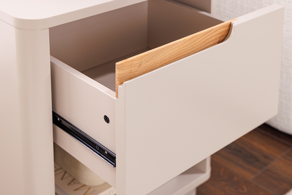 Design Nachtschrank LIV 55cm cashmere weiß mit Schublade und offenem Fach