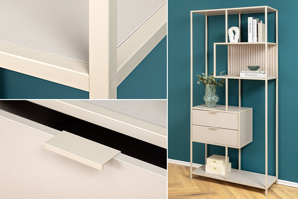 Modernes Bücherregal SLIM LINE 185cm champagner beige Metall mit Schubladen