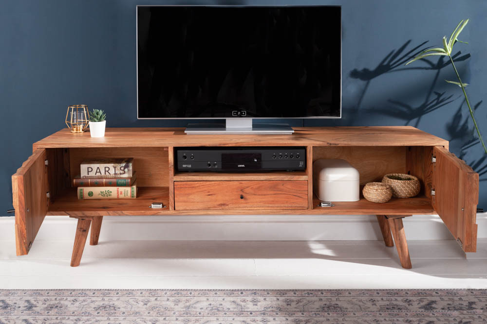 Massives TV-Board MYSTIC LIVING 140cm Akazie natur 3D Oberfläche Massivholz
