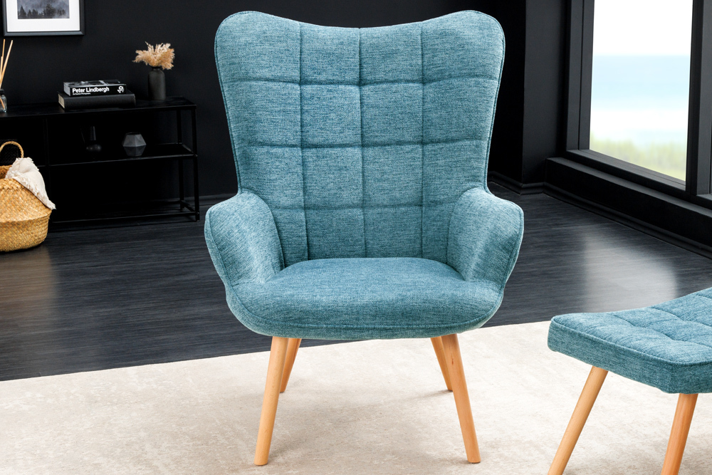 Moderner Sessel SCANDINAVIA blau Strukturstoff Massivholz-Beine mit Armlehnen Moderner Sessel SCANDINAVIA blau Strukturstoff Massivholz-Beine mit Armlehnen