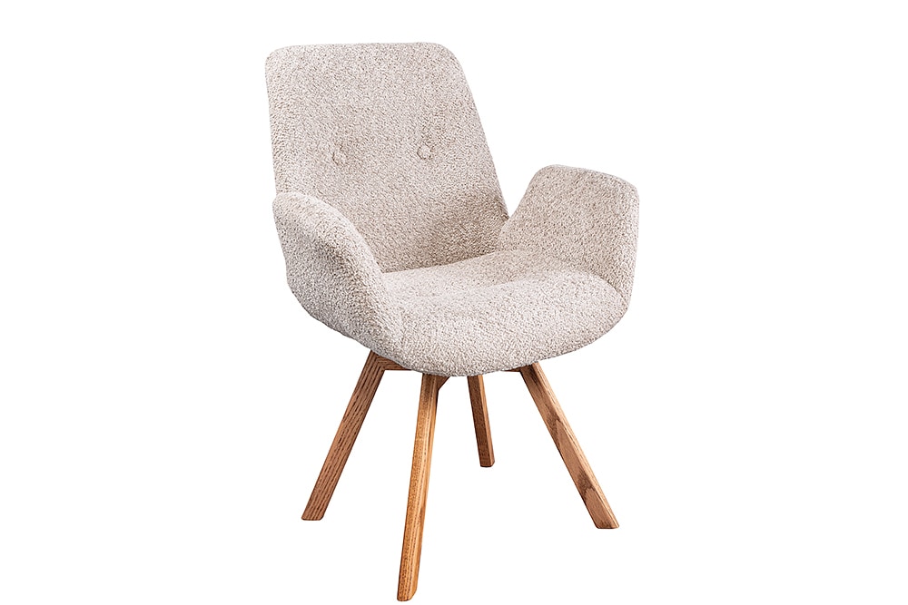 Drehbarer Design Stuhl BALTIC beige Bouclé natur Eiche Massivholz-Beine mit Armlehne