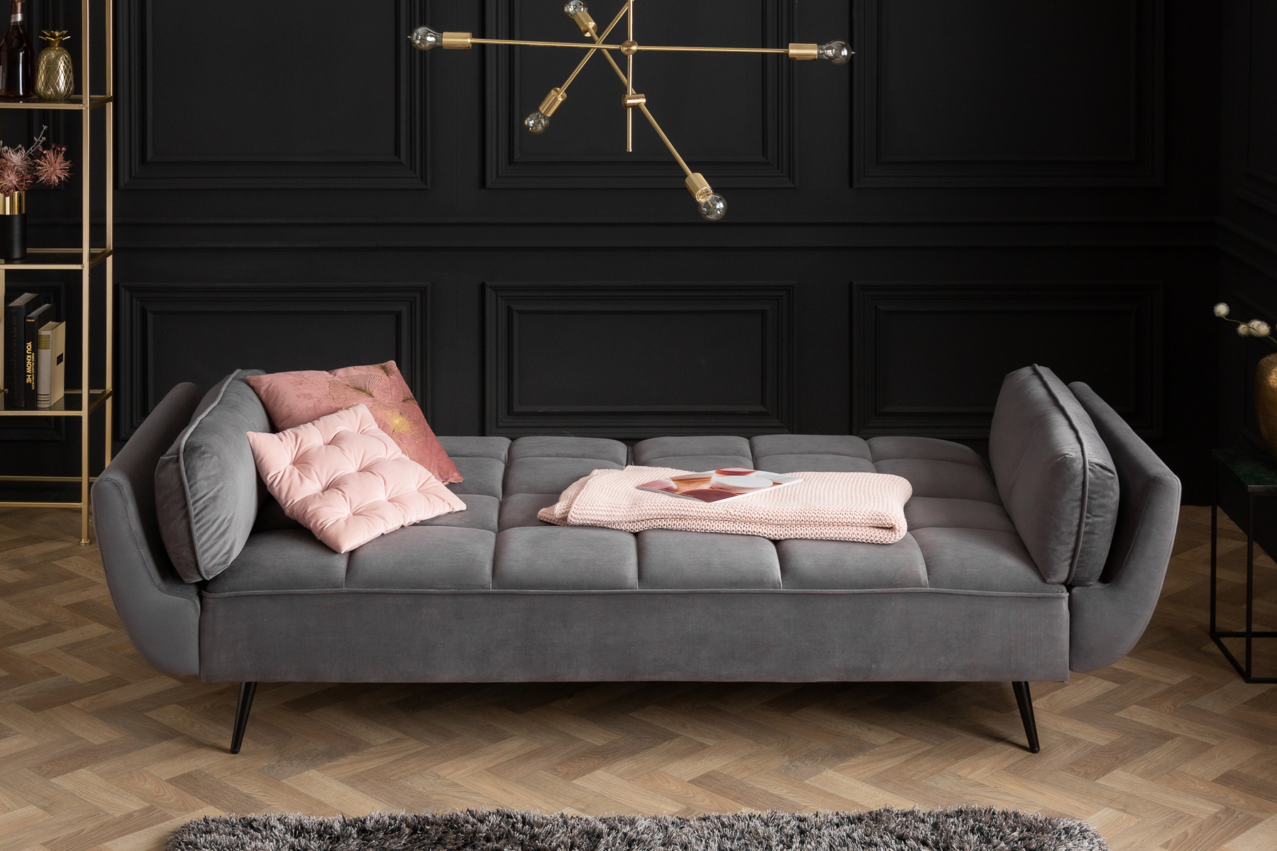 Retro Schlafsofa BOUTIQUE 215cm grau Samt 3-Sitzer mit schwarzen Füßen