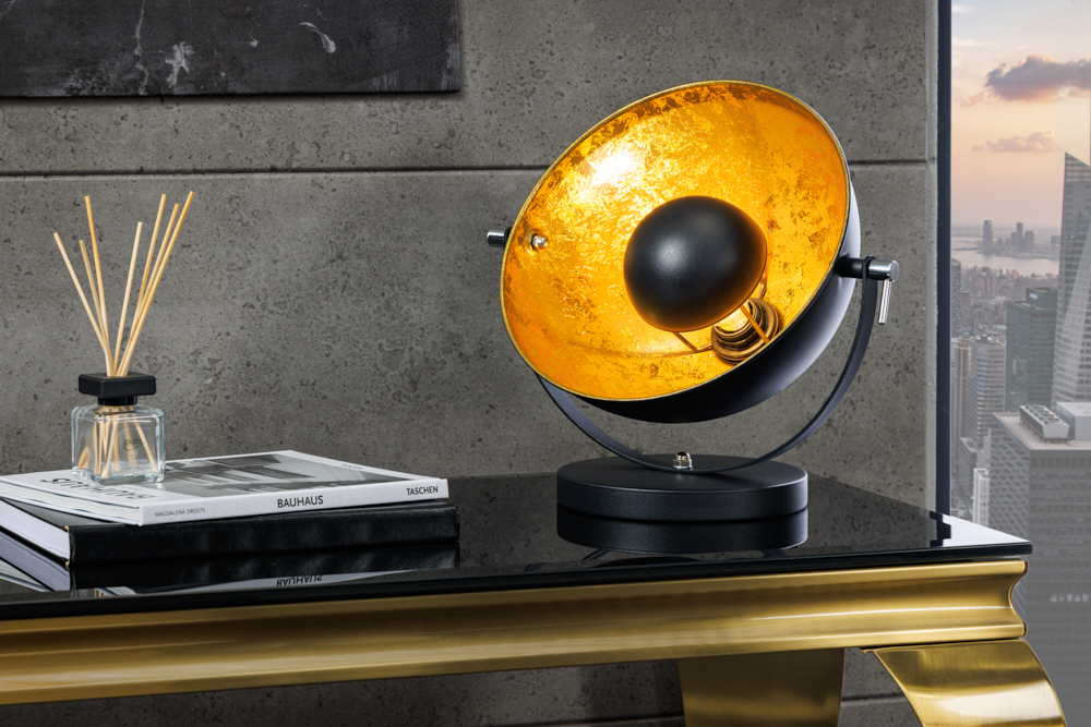 Industrial Design Tischlampe STUDIO 40cm schwarz Blattgold-Optik neigbarer Schirm Industrial Design Tischlampe STUDIO 40cm schwarz Blattgold-Optik neigbarer Schirm