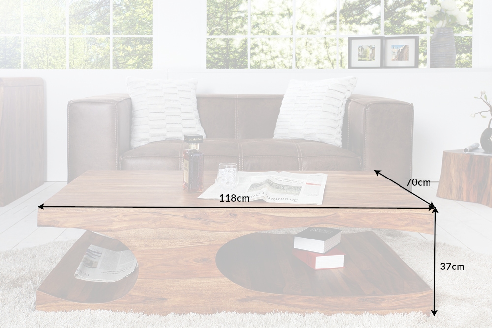 Design Couchtisch CUBUS 120cm braun Sheesham Massivholz stone finish mit Stauraum