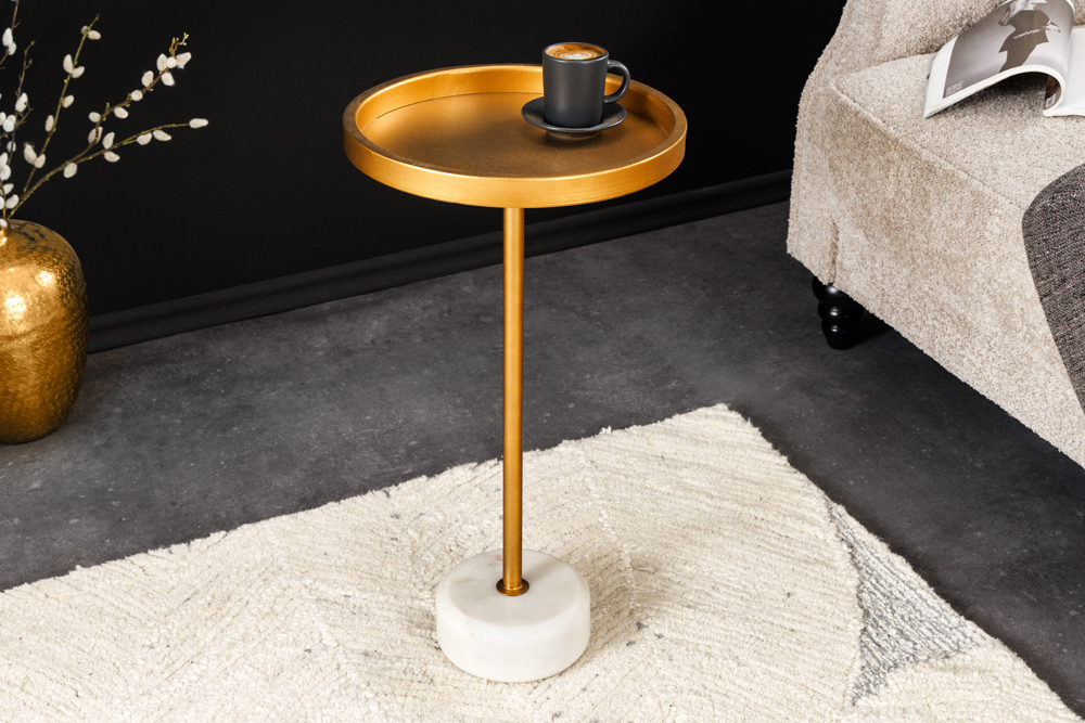 Runder Beistelltisch TRAYFUL 60cm gold Eisen weiß Marmorfuß handmade