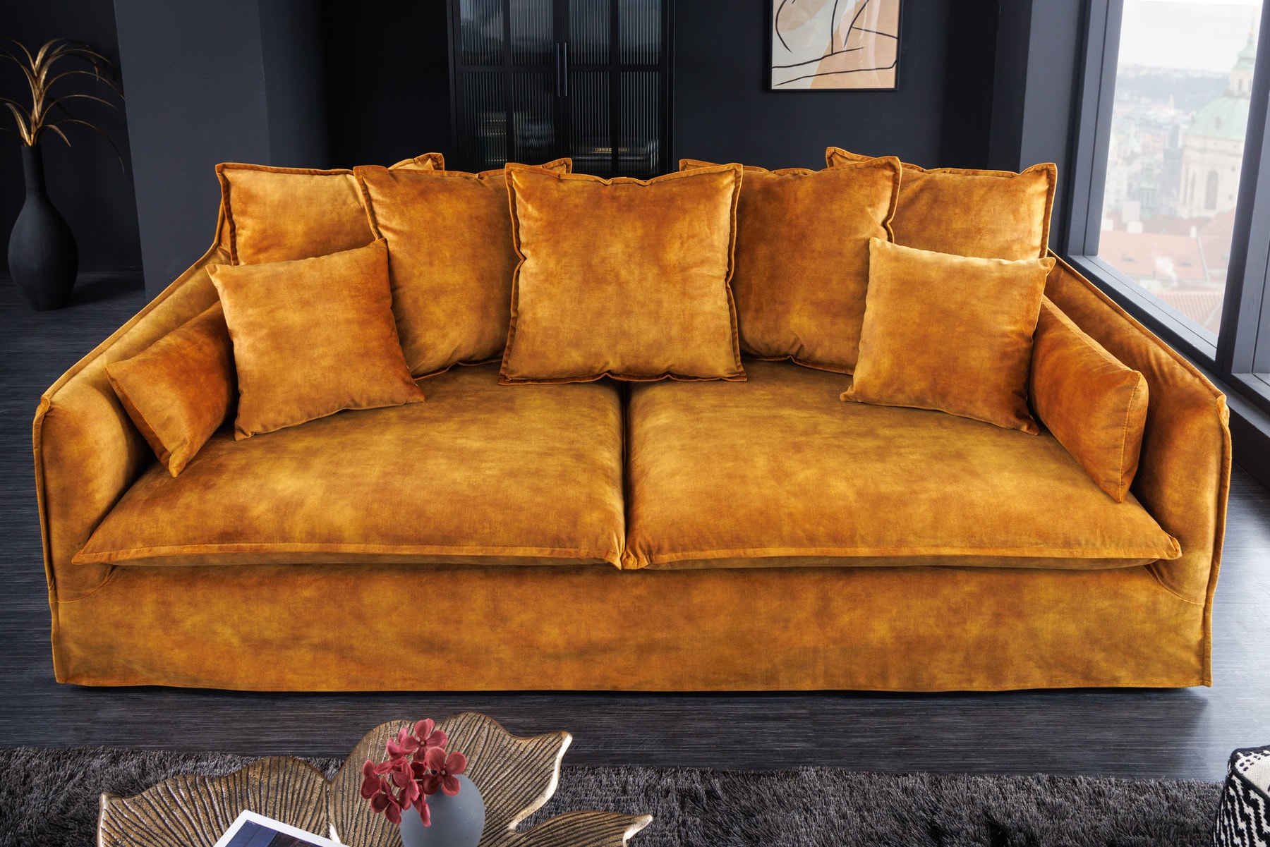 Großes 3-Sitzer Sofa HEAVEN 200cm senfgelb Samt Federkern waschbarer Bezug Hussensofa Couch