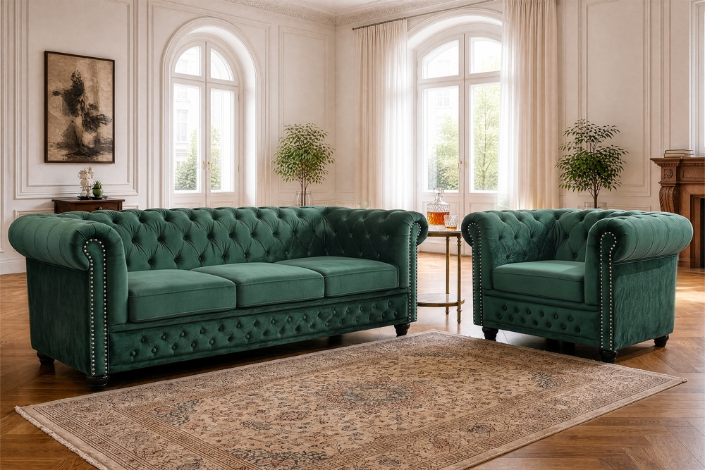 Barocker Sessel CHESTERFIELD flaschengrün Samt Federkern mit Knopfheftung