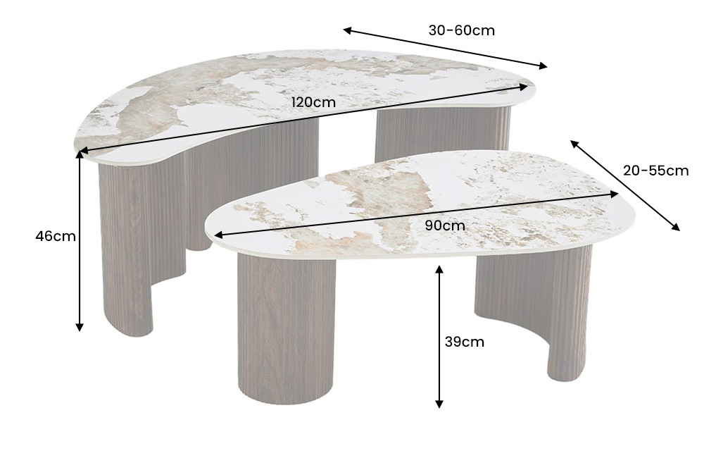 2er Set Couchtische OSAKA 120cm weiß Pandora Keramik Walnuss
