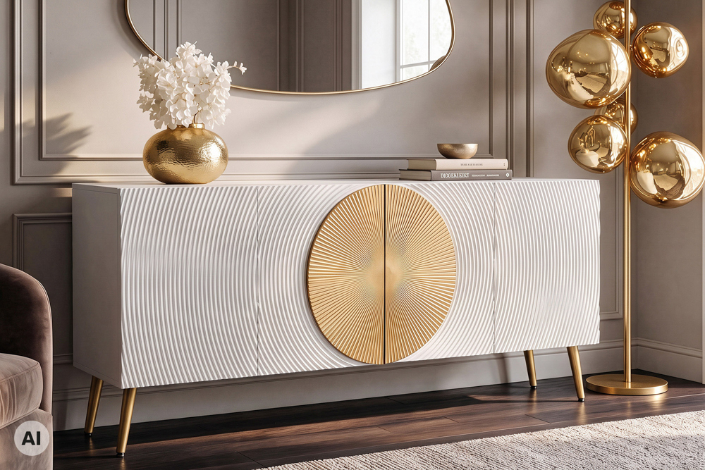 Massives Sideboard AURUM 180cm weiß Mangoholz mit ikonischem Gold-Element