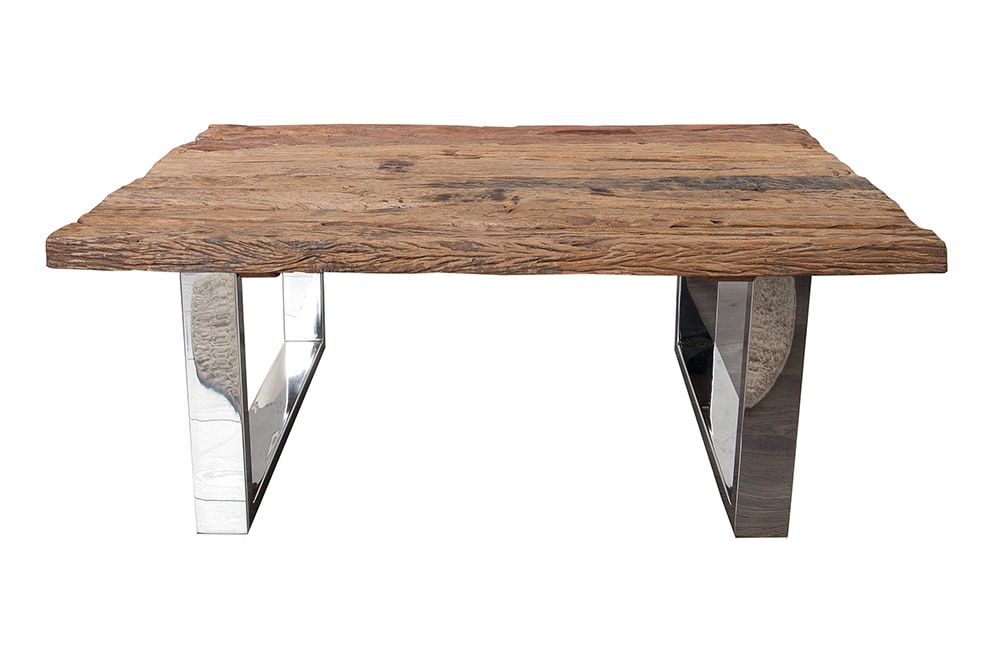 Eindrucksvoller Couchtisch BARRACUDA 110cm antik Teakholz mit Kufengestell und Glas