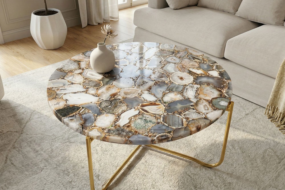 Runder Couchtisch NOBLE 65cm Edelstein Achat abnehmbare Tischplatte goldenes Metallgestell