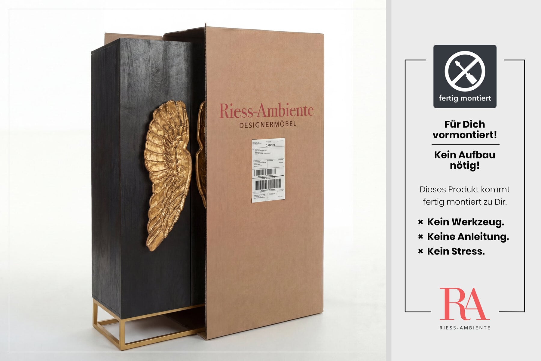 Extravagantes Highboard ANGEL 140cm schwarz Mangoholz mit goldenen Flügeln