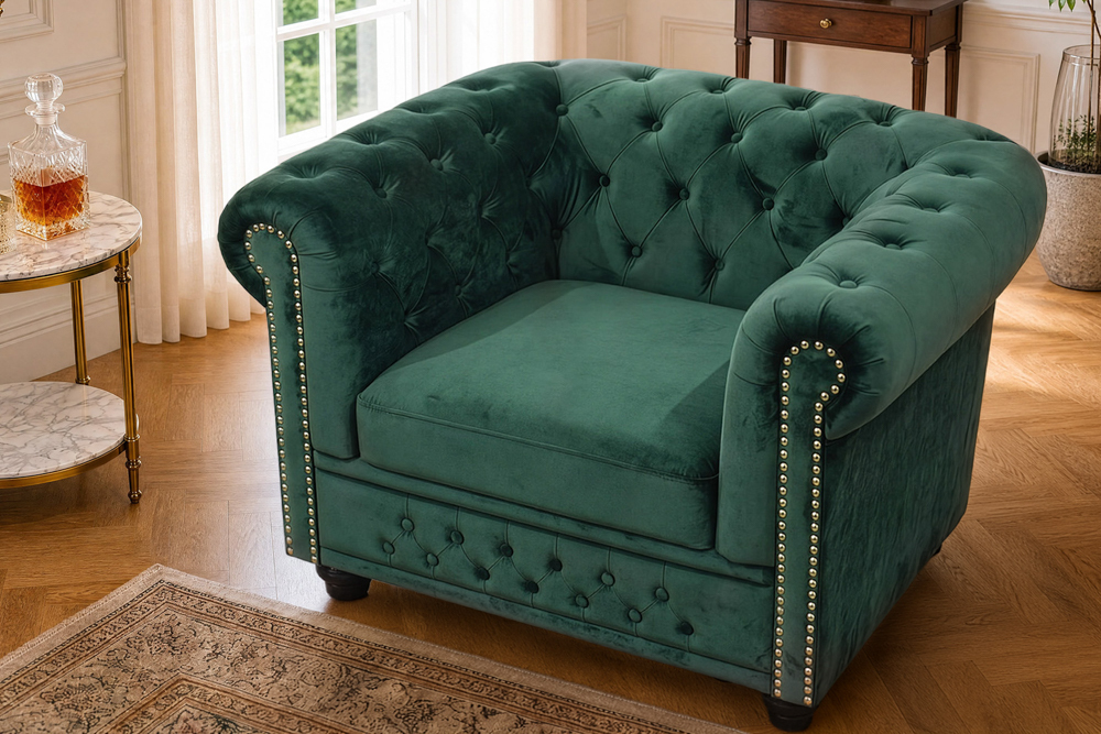 Barocker Sessel CHESTERFIELD flaschengrün Samt Federkern mit Knopfheftung