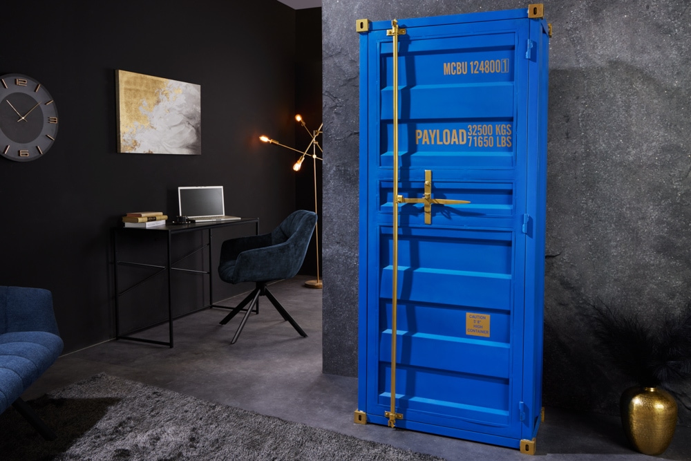 Design Aktenschrank GLOBETROTTER 180cm blau Eisen Container Upcycling Industrial