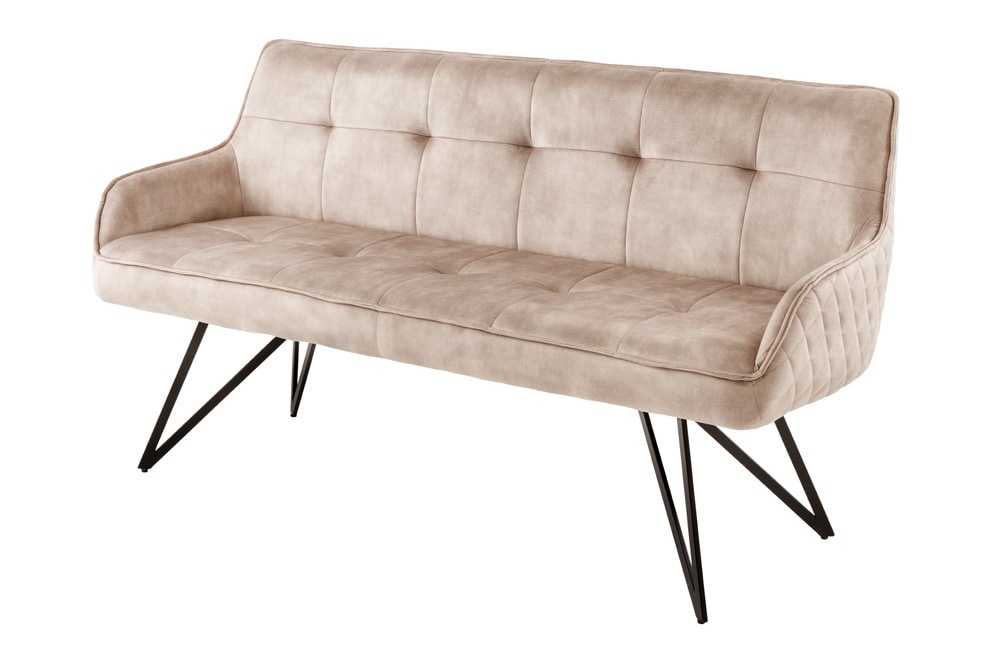 Design Sitzbank EUPHORIA 160cm champagner greige Samt Hairpin Legs Metallbeine Armlehnen