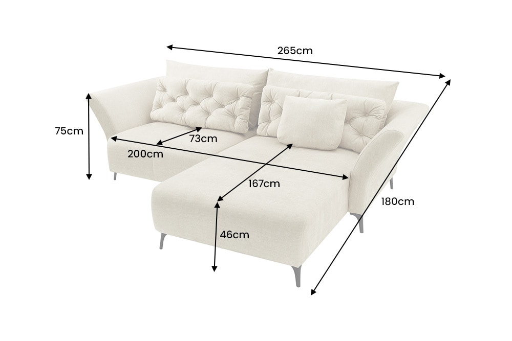 Modernes Ecksofa MARRAKESCH 265cm beige Samt 3-Sitzer inkl. Kissen Ottomane rechts