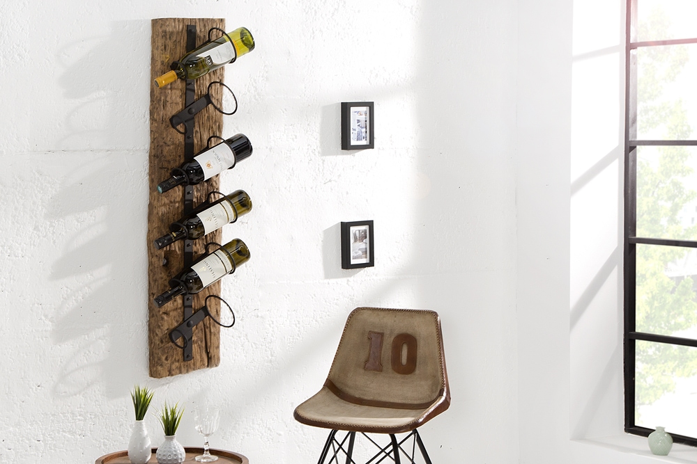 Massives Wand Weinregal BARRACUDA 100cm natur Teakholz Flaschenhalter