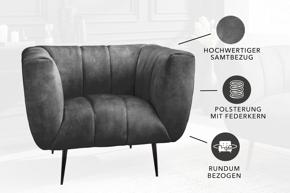 Retro Sessel NOBLESSE 105cm grau Samt schwarze Metallfüße Federkern Ziersteppung