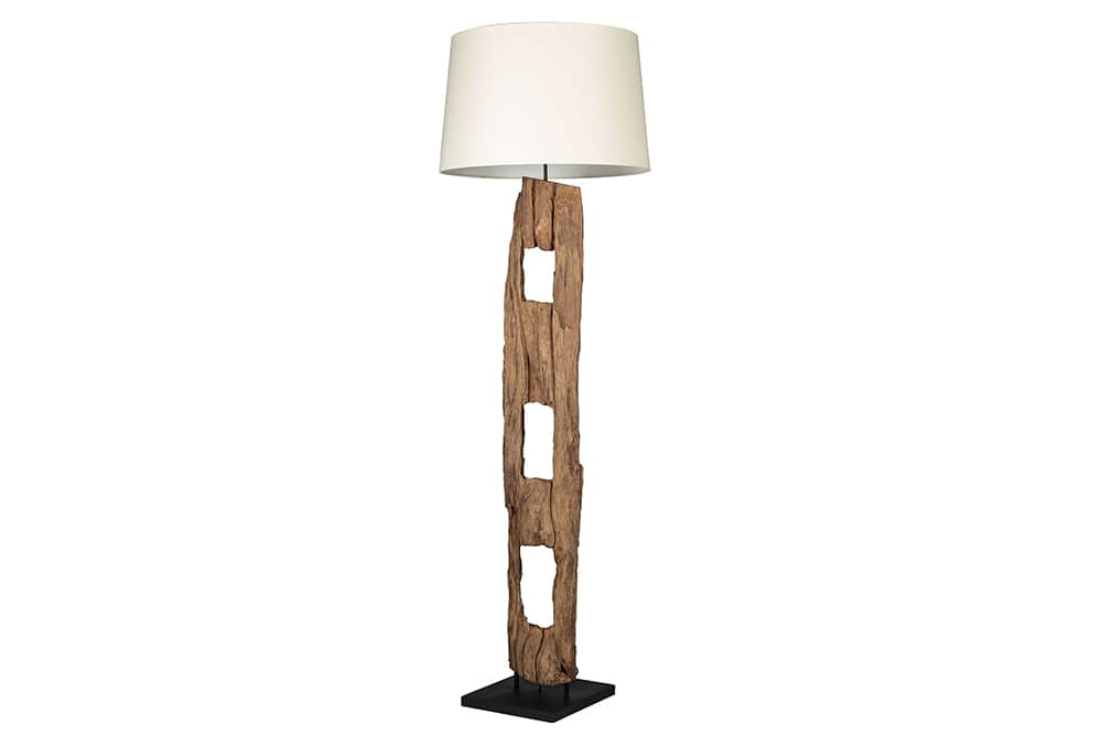 Massive Stehlampe BARRACUDA 177cm natur Akazienholz Baumwollschirm weiß Baumstamm