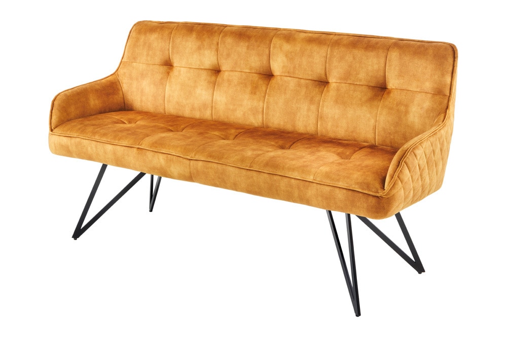 Design Sitzbank EUPHORIA 160cm senfgelb Samt Retrostil Ziersteppung Hairpin Legs Metallbeine Armlehnen