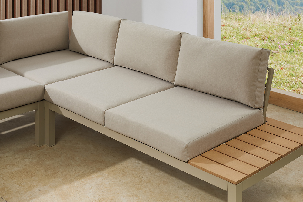 Große Garten Sitzgruppe MIAMI LOUNGE 240cm champagner greige Aluminium wetterfest Outdoor inkl. Kissen