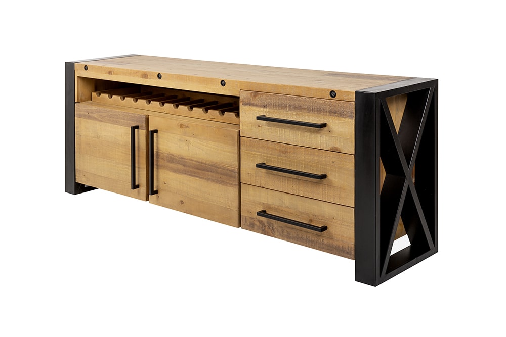 Massivholz Sideboard THOR 195cm braun Pinie mit Schubladen Weinregal Industrial Design