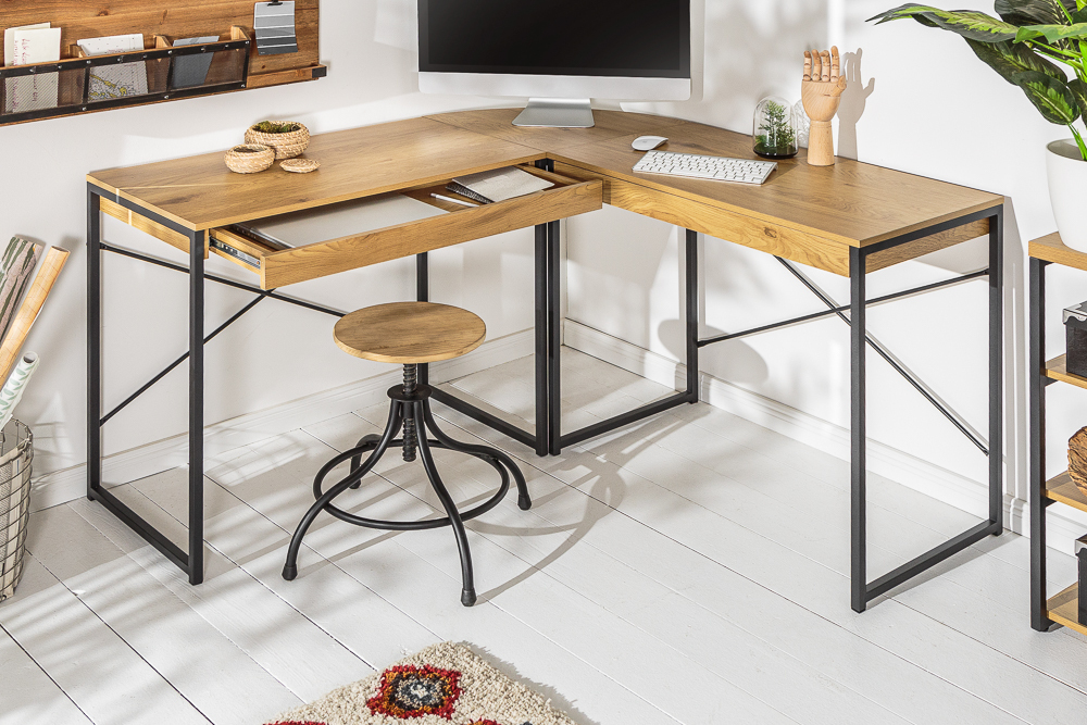 Industrial Eckschreibtisch STUDIO 130cm Eichenoptik mit Schubladen