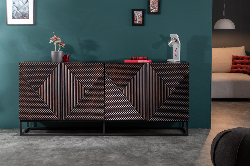 Massives Sideboard CREATIVO 180cm Mangoholz aufwändige 3D Front Retro Design