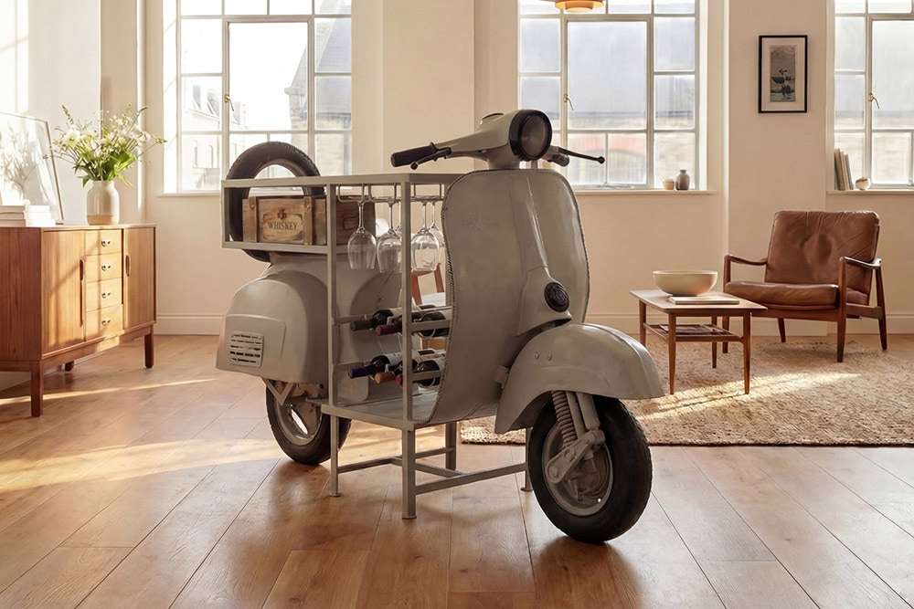 Extravaganter Bartisch SCOOTER 180cm salbei Retro-Konsole Motorroller Mangoholz Upcycling