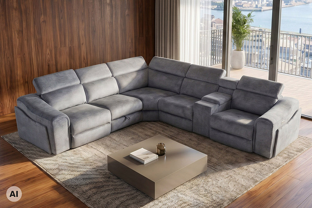 Multifunktionales Ecksofa PRIME 300cm grau Vogue Seiden Samtstoff Relaxfunktion