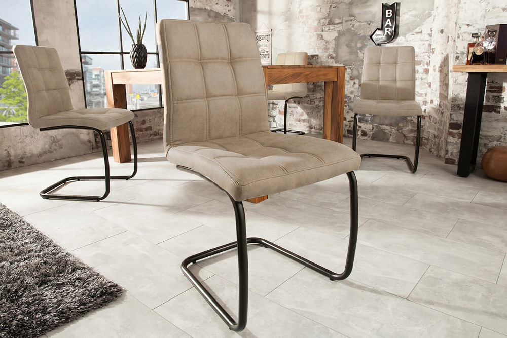 Design Freischwinger Stuhl MODENA vintage beige Microfaser mit Ziersteppung