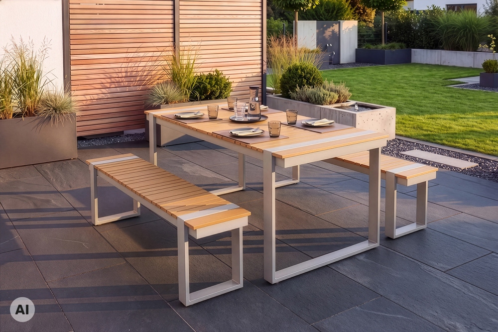 Wetterfester Gartentisch TAMPA LOUNGE 125cm greige natur Aluminium Metall Holz-Design Outdoor