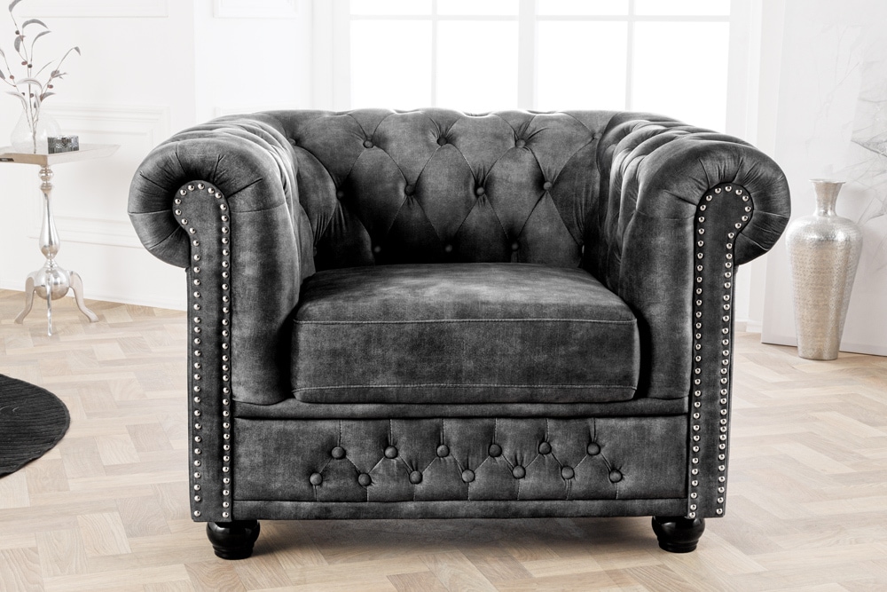 Barocker Sessel CHESTERFIELD grau Samt Federkern mit Knopfheftung