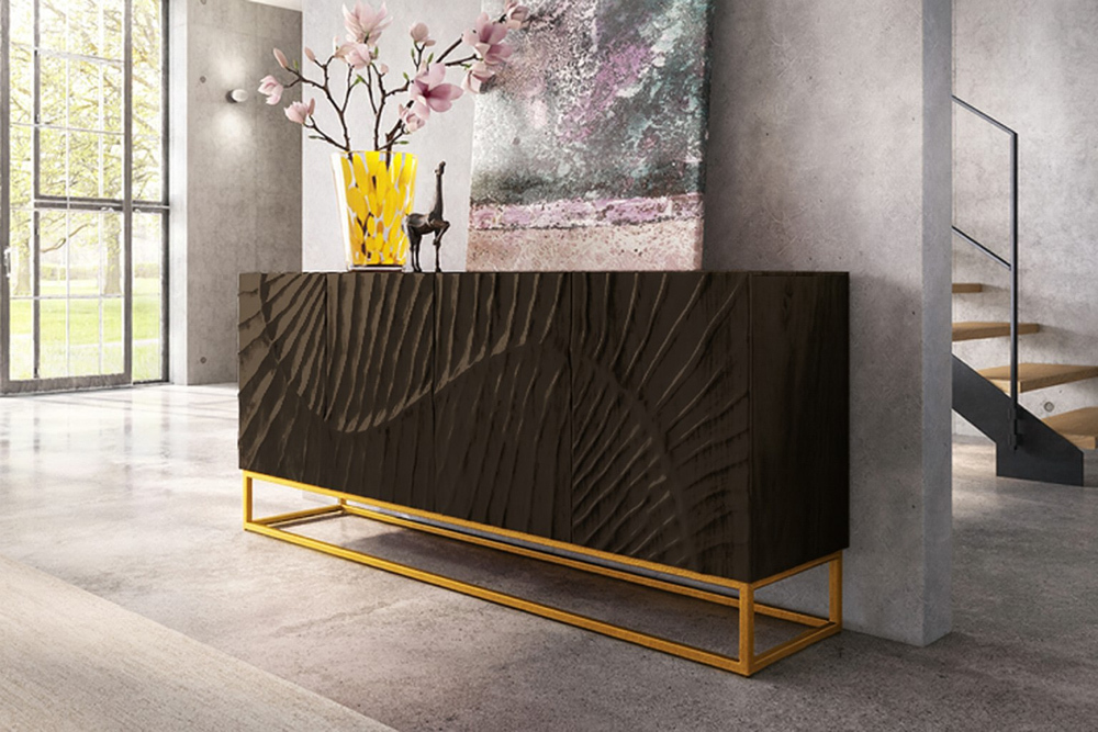 Massives Sideboard SCORPION 180cm schwarz Mangoholz aufwendige 3D Schnitzereien
