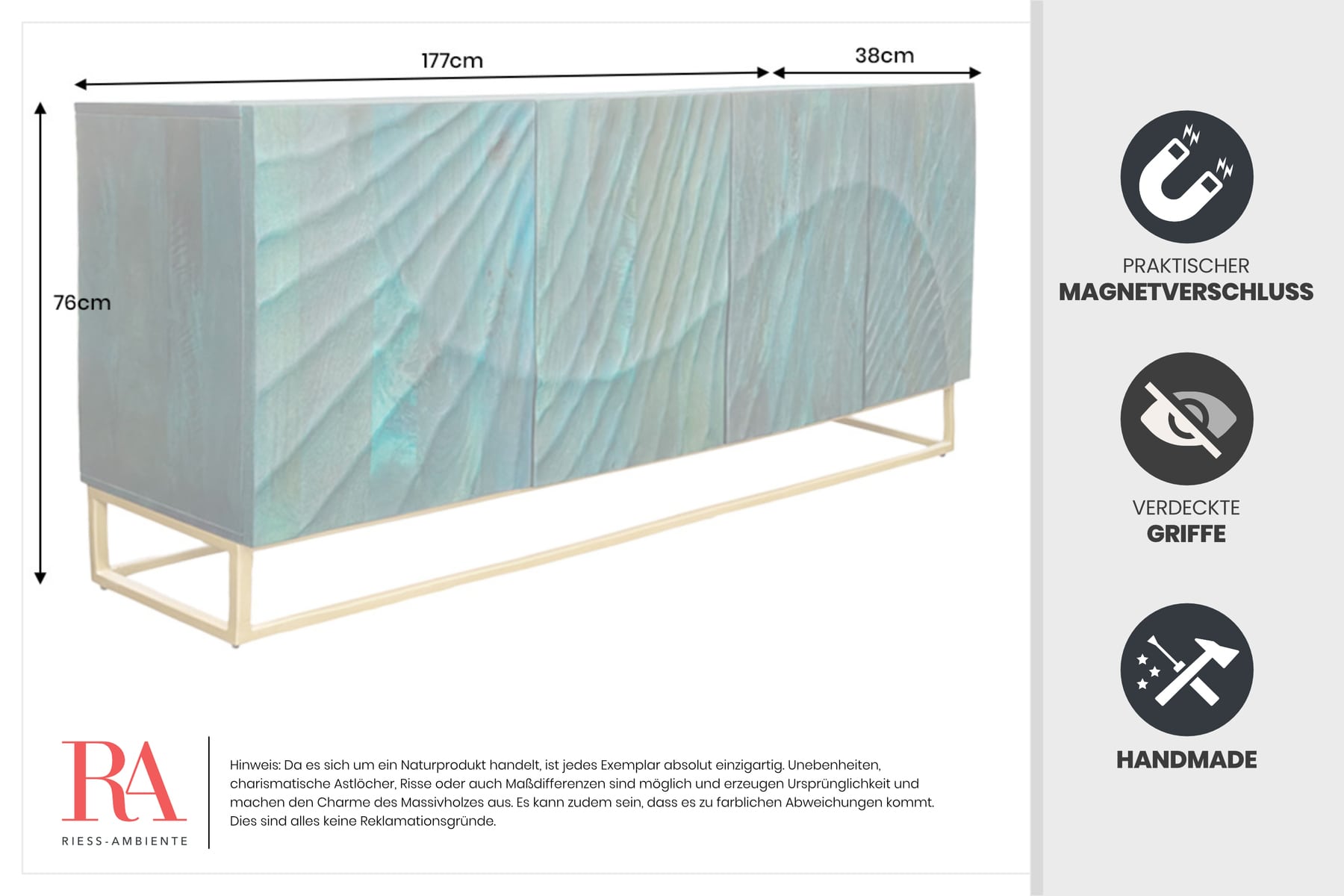 Massives Sideboard SCORPION 180cm türkis Mangoholz gold Metall 3D Schnitzereien
