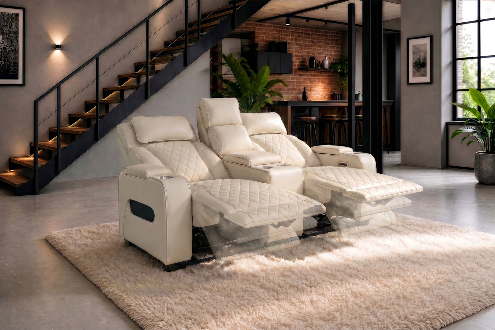 Elektrischer 2er Kinosessel HOLLYWOOD beige Kunstleder Relaxfunktion Getränkehalter