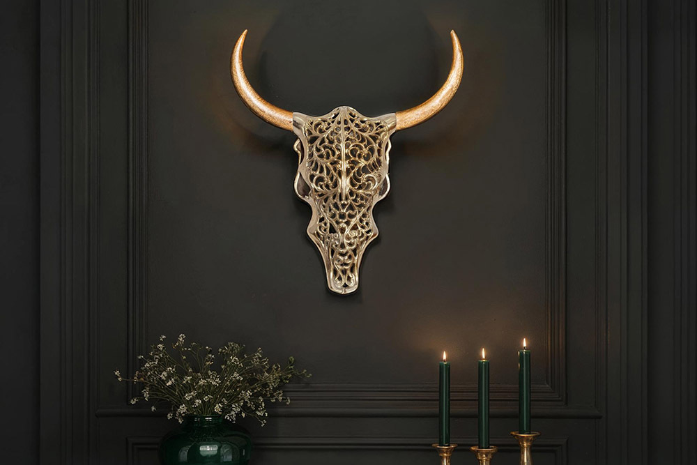 Extravagante Wanddekoration EXOTIC BULL 60cm gold Mangoholz Stierkopf