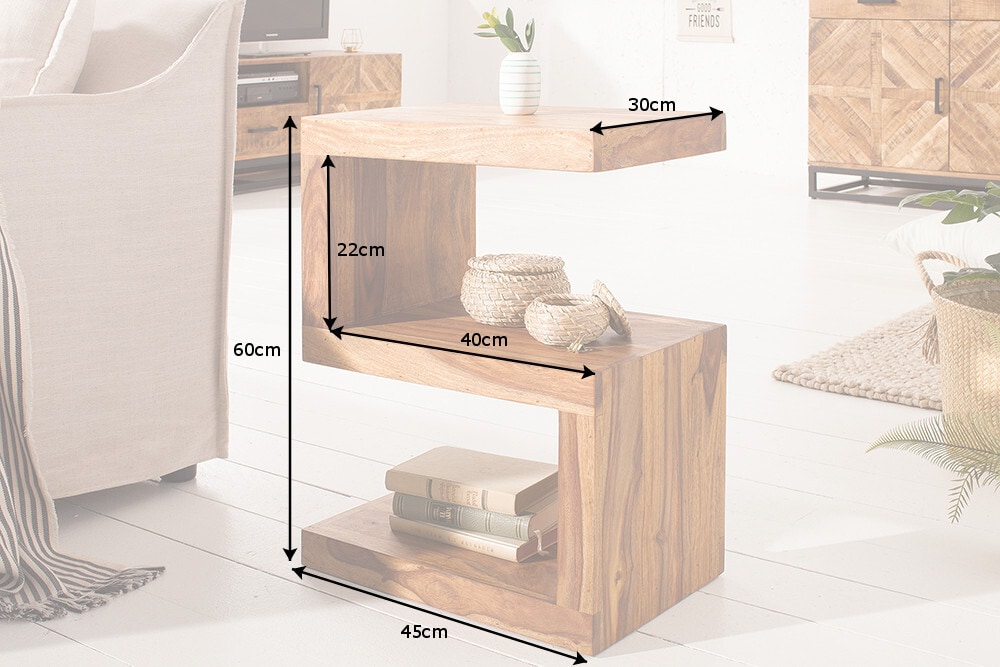 Handgearbeiteter Beistelltisch S 60cm braun Sheesham Massivholz stone finish Ablage