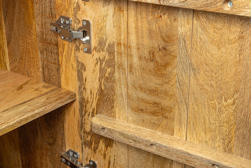 Massives Highboard SCORPION 120cm türkis Mangoholz mit 3D Schnitzereien gold Metall
