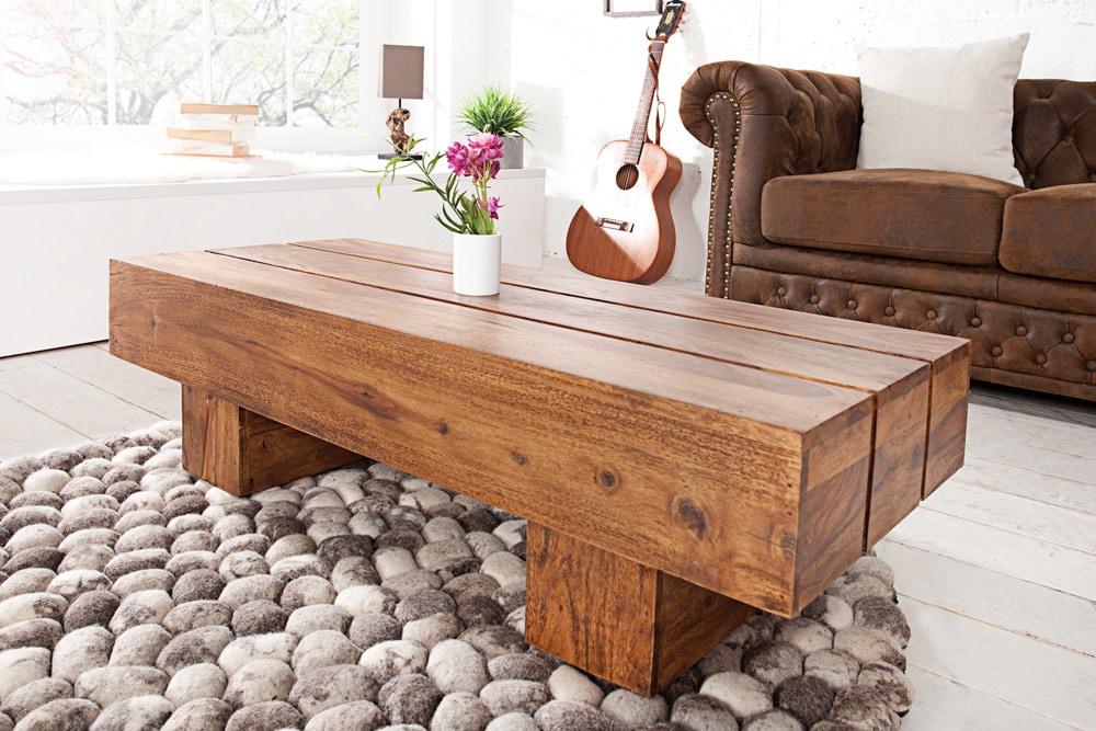Massivholz Design Couchtisch BOLT 100cm braun Sheesham stone finish