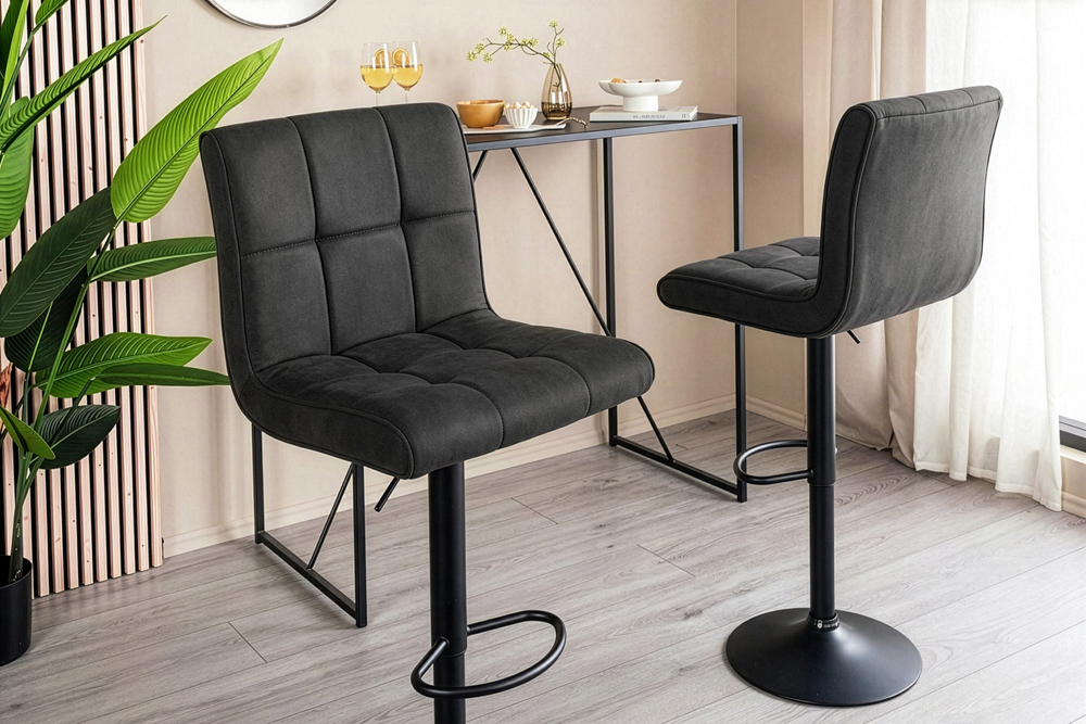 Höhenverstellbarer Barhocker MODENA vintage grau Microfaser Metall schwarz mit Lehne drehbar