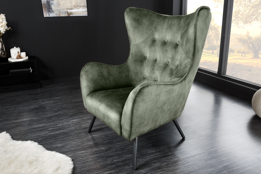 Design XL Sessel AMSTERDAM grün Samt schwarze Metallbeine Retro Stil