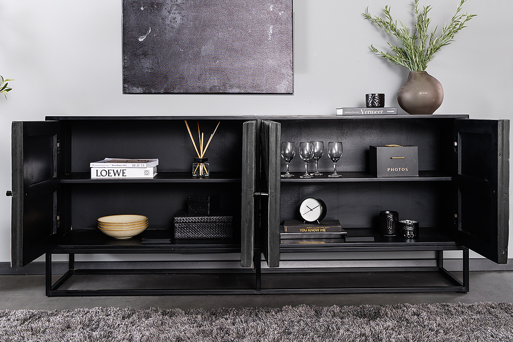 Massives Sideboard BARRACUDA 180cm grau Mangoholz mit Teakholz-Front schwarz Metall