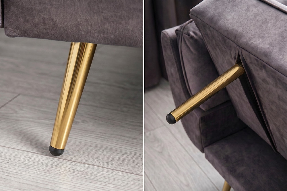 Retro Schlafsofa BOUTIQUE 215cm dunkelgrau Samt 3-Sitzer mit goldenen Füßen