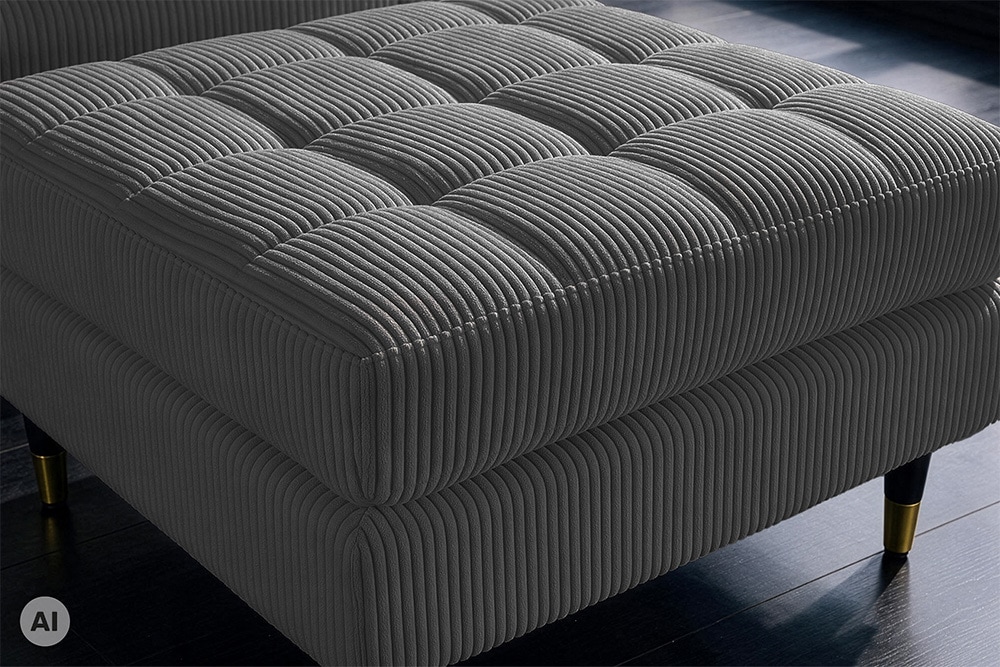 Design Hocker COZY VELVET 80cm grau Cord schwarz mit goldener Metallkappe