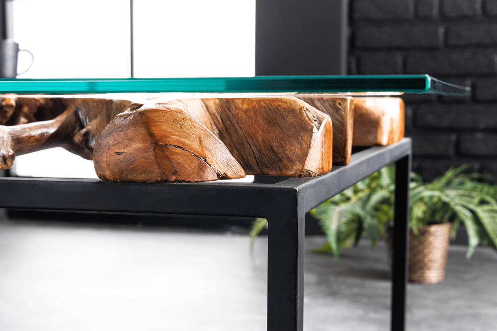 Industrial Couchtisch TEAK ROOT 70cm braun Teakholz Metall Glastisch handmade