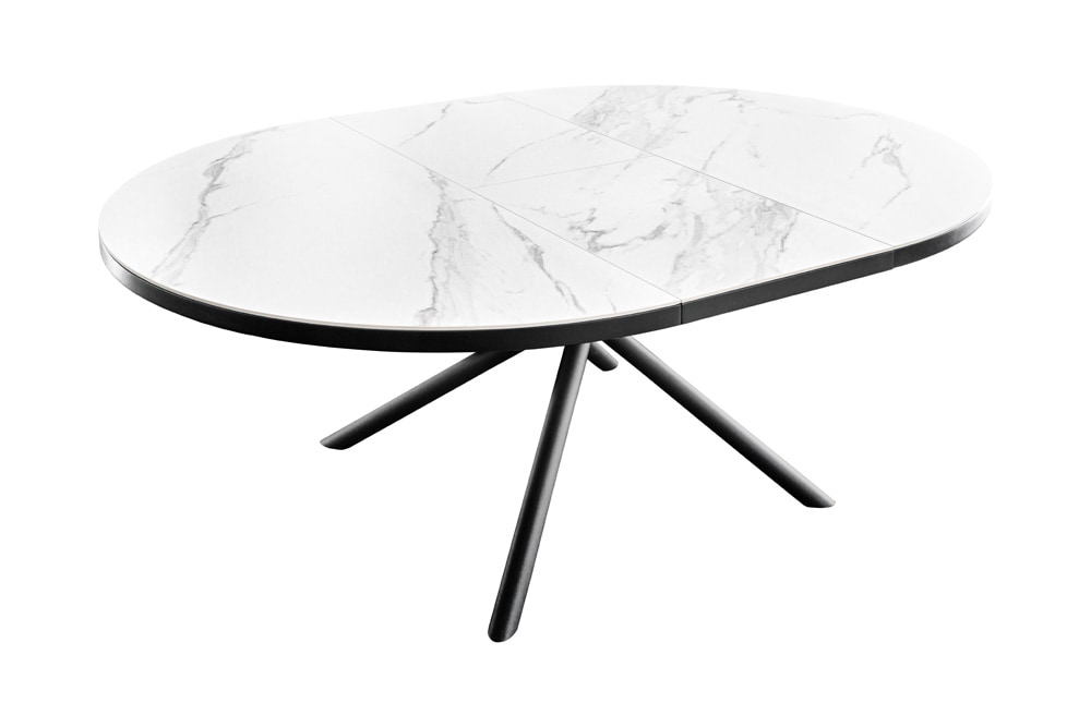Ausziehbarer Esstisch MIKADO 120-160cm weiß Keramik oval schwarz Sterngestell