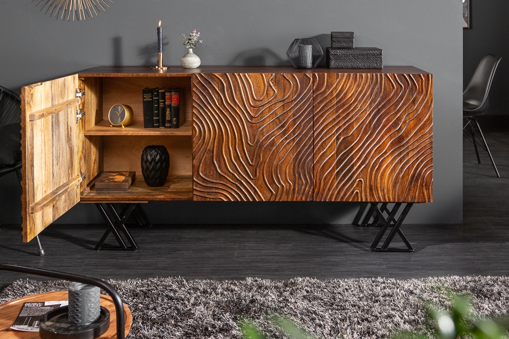 Handgearbeitetes Sideboard FLUID 160cm Mangoholz mit aufwendigen 3D Schnitzereien